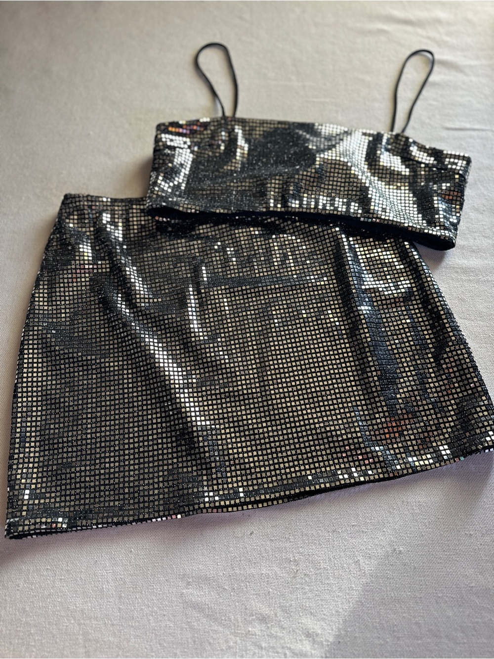Princess Polly "Riego" Silver Sequin Matching Two-Piece Crop Top & Mini Skirt Se